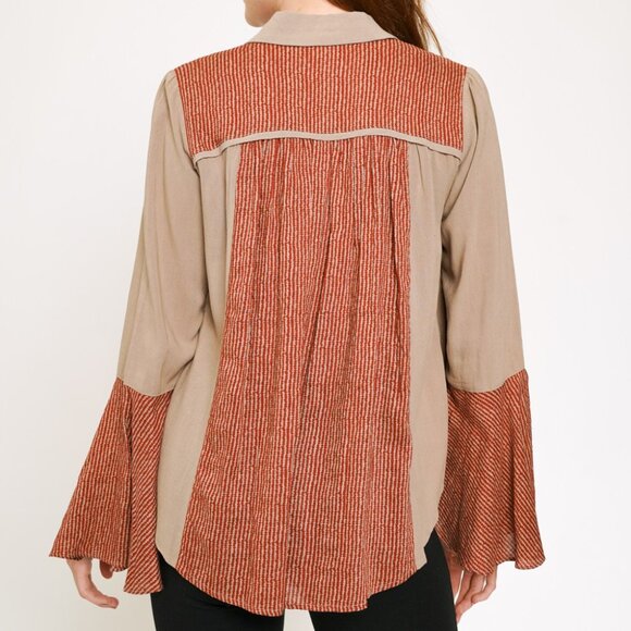 MYSTREE Taupe & Rust Boho Button Down Blouse, Flared Sleeve Casual Chic Top - Picture 6 of 9